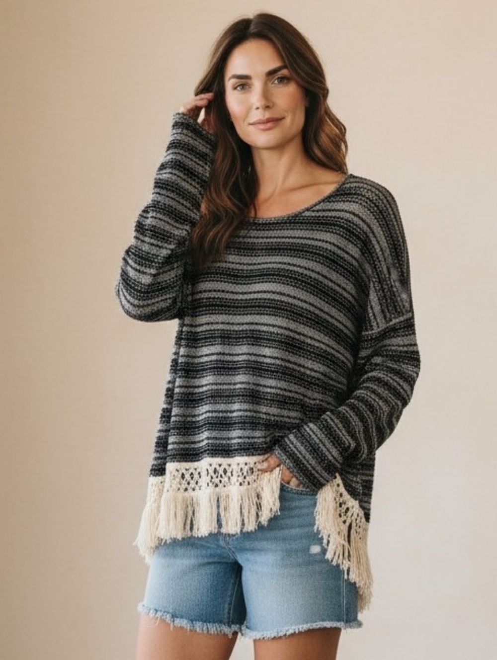 Vintage Havana Boho Fringe Knit Top Striped Crochet Hem Sweater Large